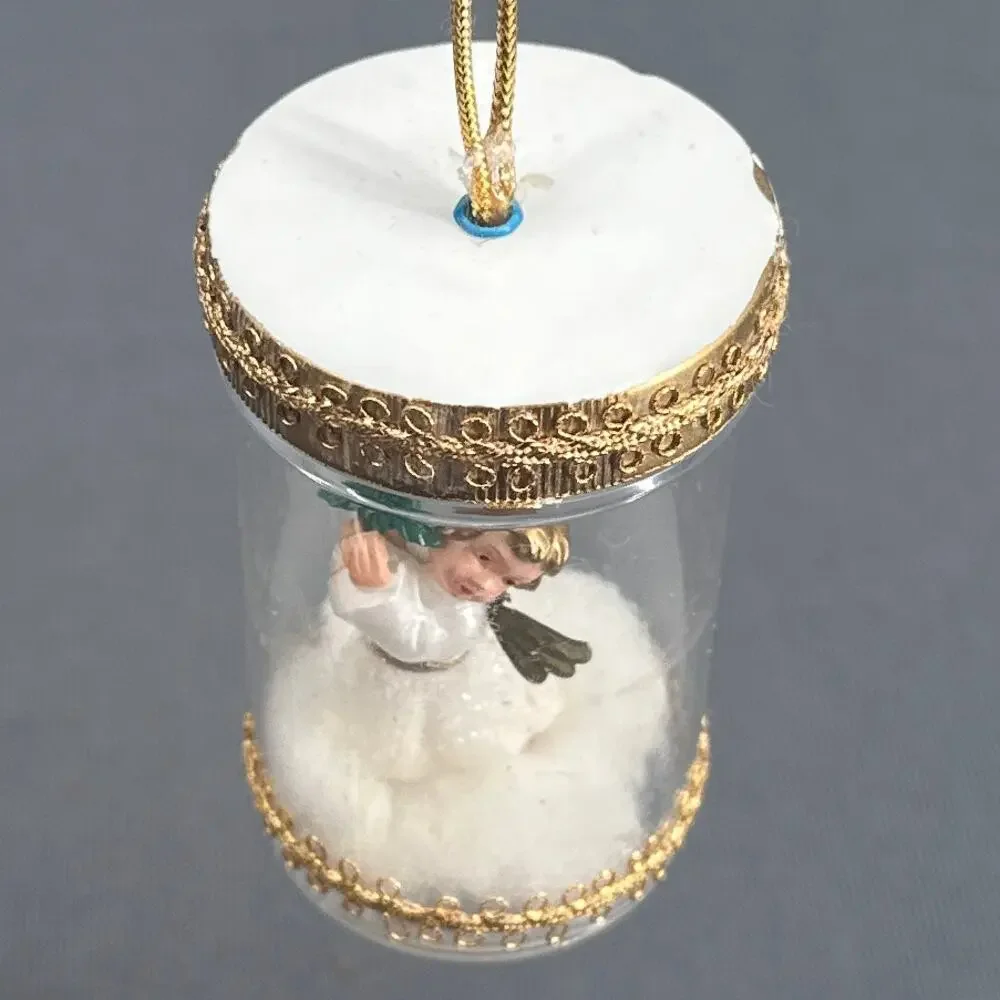 VTG Handmade Baby Angel Pill Bottle Ornament Set 3 Plastic Diorama Gold Trim 50s